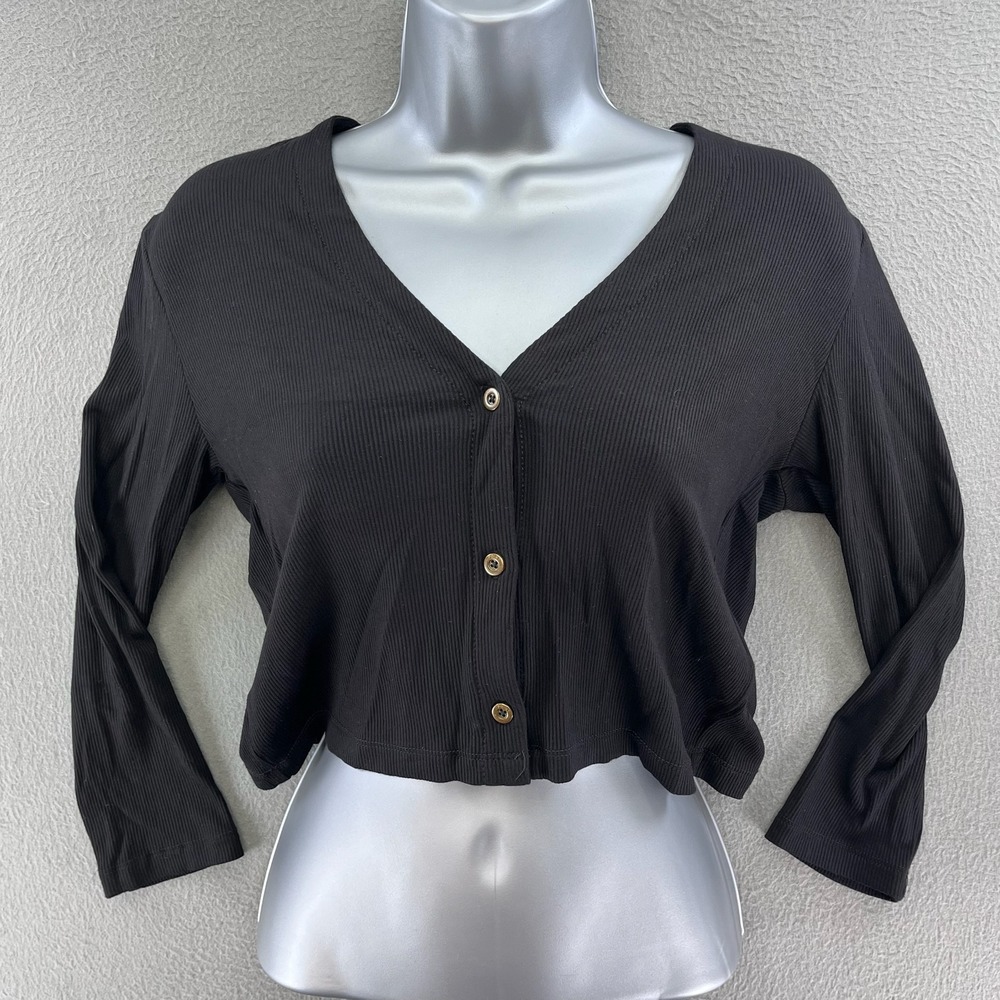 POINT Women Cropped V-Neck Cardigan Black Ribbed 3/4 Sleeve Minimalist S